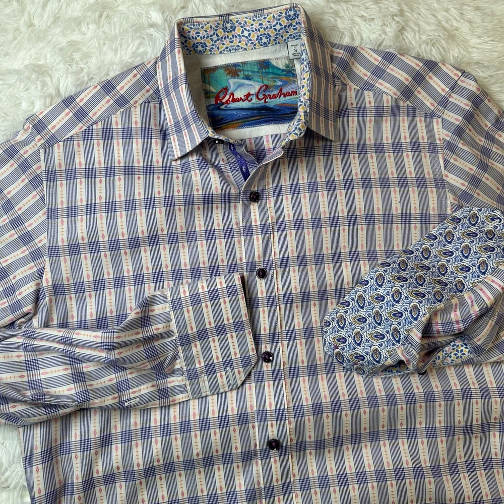 Robert Graham Classic Fit Shirt Mens Small Purple Blue Plaid Paisley Flip Cuff